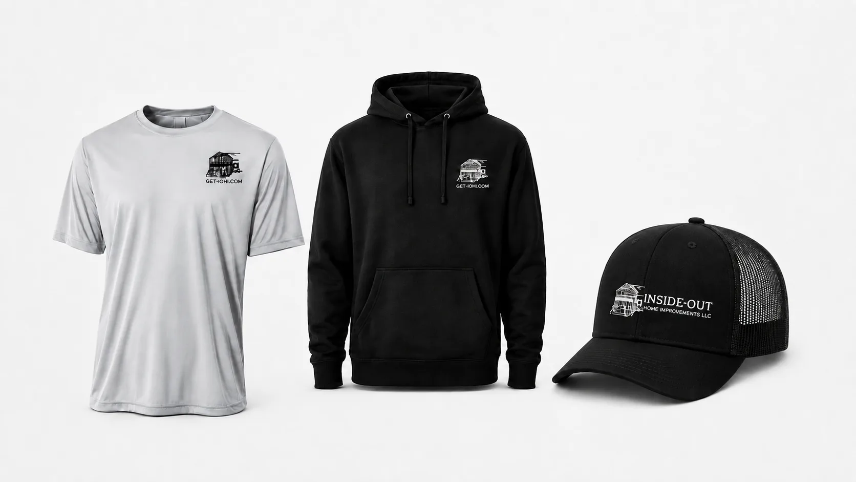 IOHI giveaway merch — t-shirt, hoodie, and hat with the Inside-Out logo