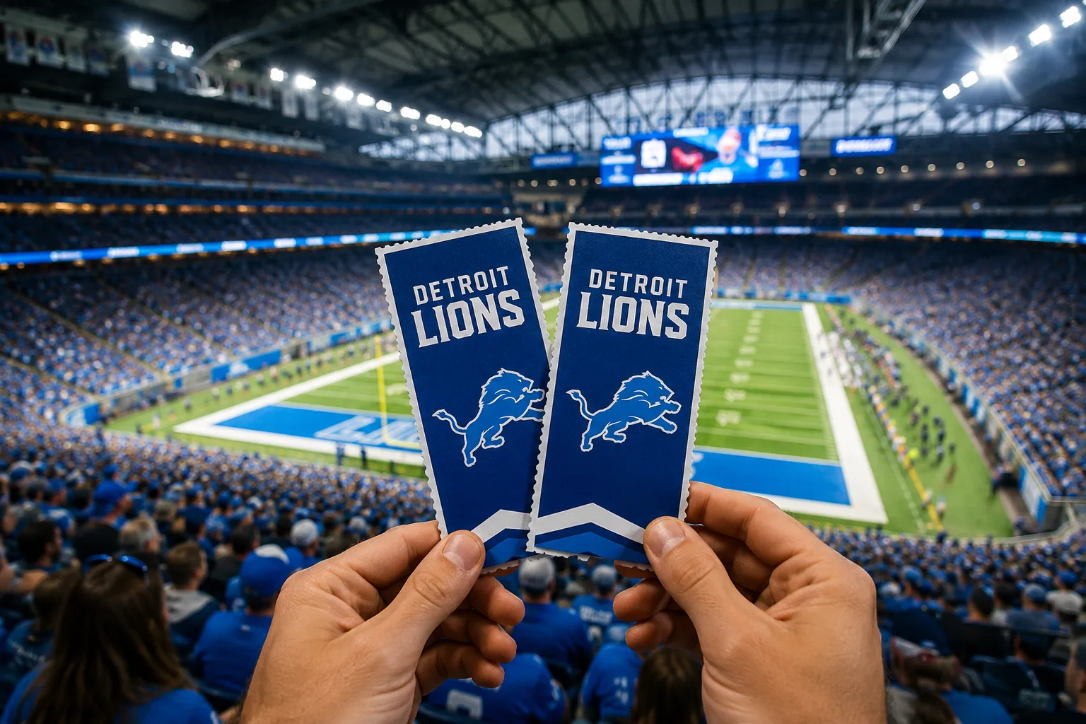 Two Detroit Lions tickets held up inside Ford Field